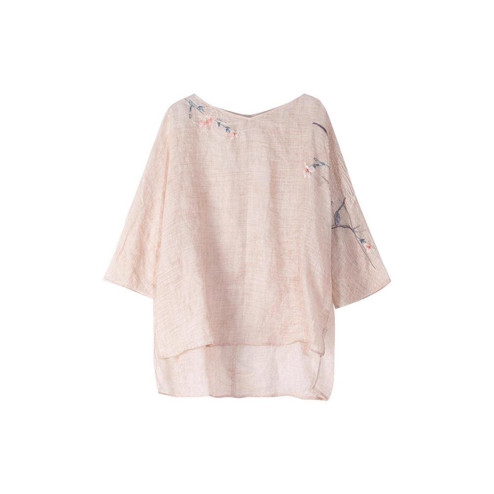 Autumn Artistic Embroidery Ramie Shirt - Zen Tea-Inspired Retro Loose Chinese Top