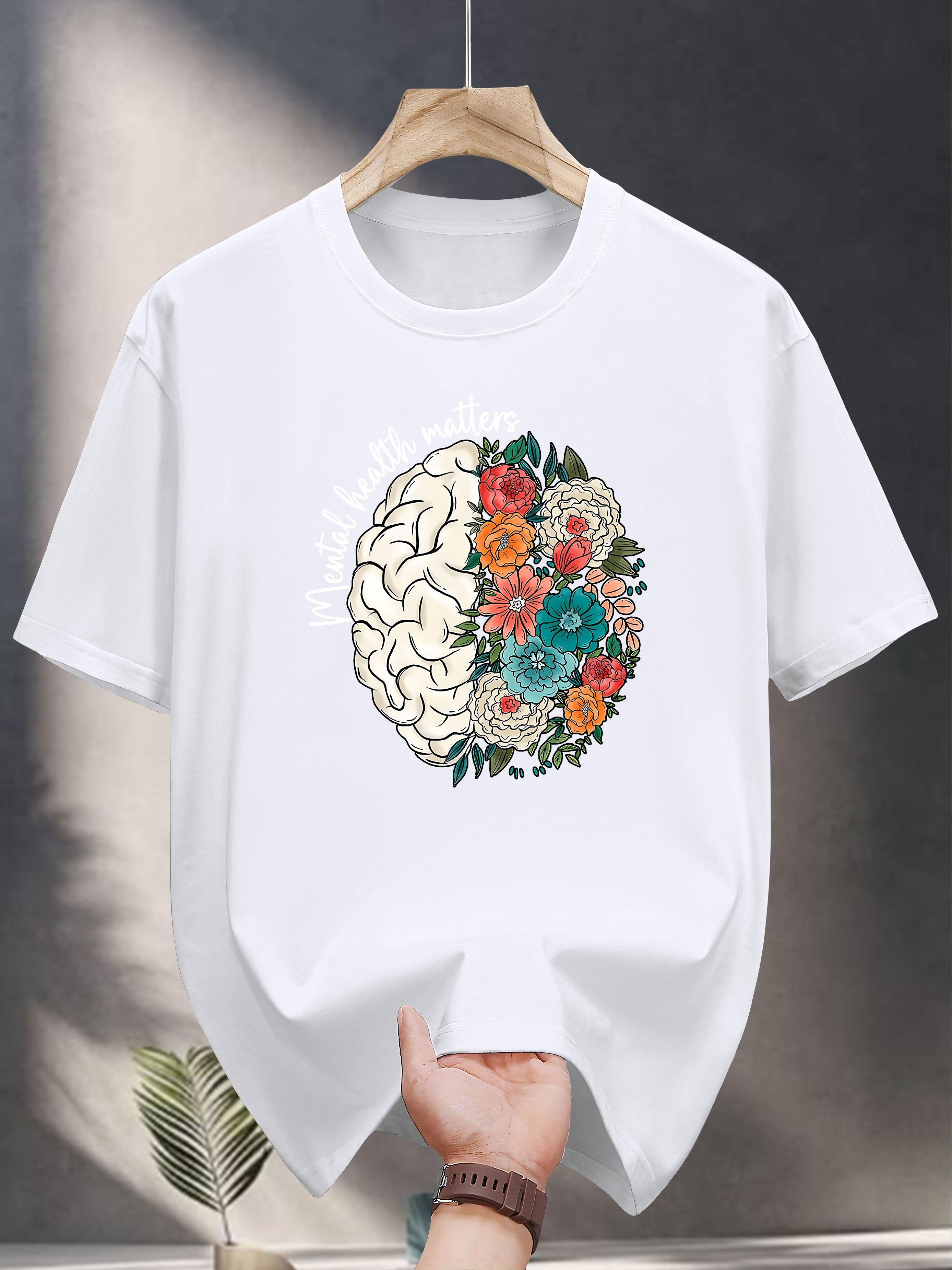 

T-shirt - Navy Blue Floral Brain Graphic Print with We Are All Wonders Quote XXXL