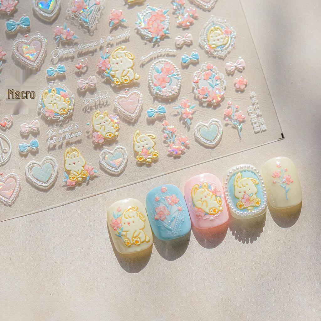 Tomoni 3D Geprägte Pfirsichblüte & Hase Nagelkunst Aufkleber - Japanischer Hot Style.