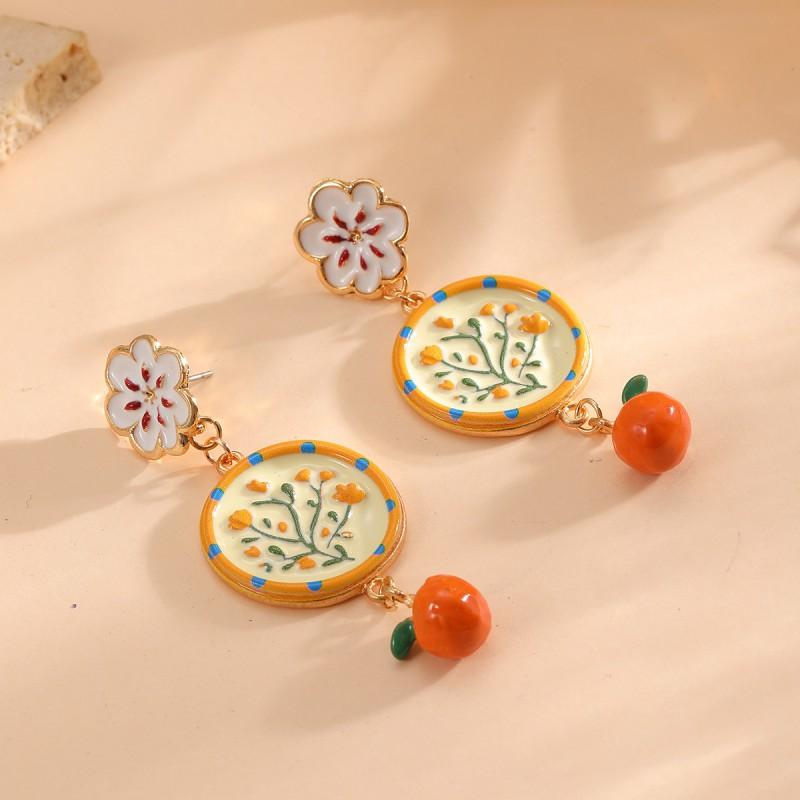 Cute Floral Orange Fruit Pendant Earrings Zinc Alloy Hand-Painted Fashion Jewelry Women