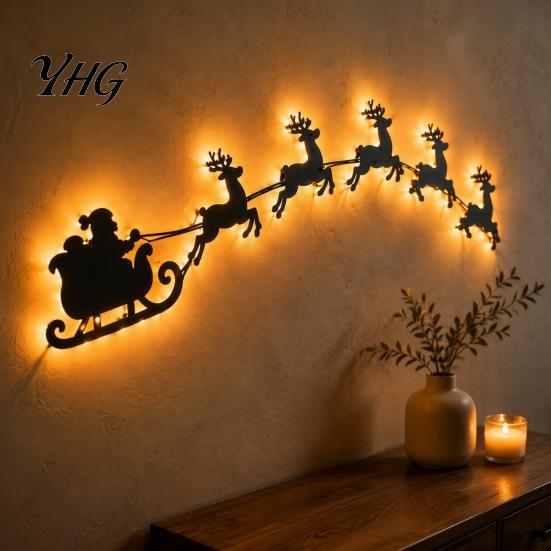 Festive Living Room Wall Art Lighted Santa Sleigh Reindeer Christmas Decor with Remote, 3D Light Up Wood Peel Holiday Gift for Family And Stick