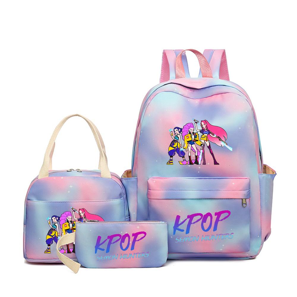 Demon Hunters Three-Piece Children'S School Bag Large Capacity 3D Digital Color Printing Kindergarten School Bag Meal Bag Pencil Bag