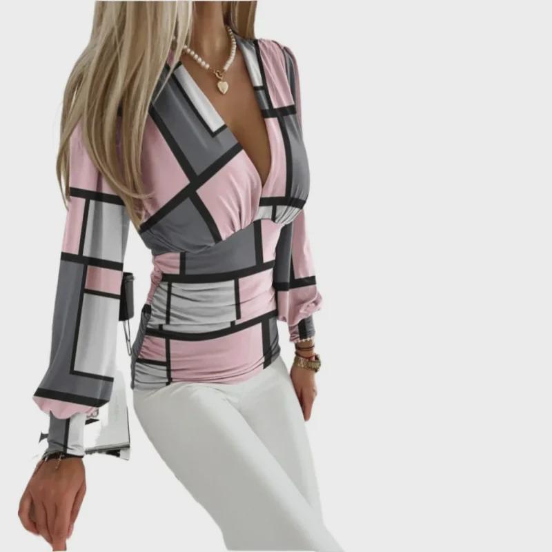 Dámská módní halenka s výstřihem do V a potiskem, s dlouhým rukávem, podzim 2023