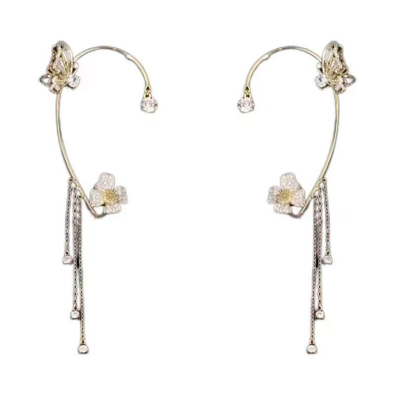 High-End Rhinestone Butterfly & Star Tassel Ear Cuff with Zirconia - No Piercing Required