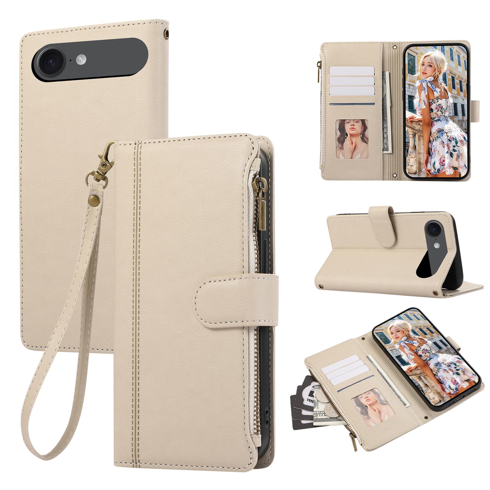 

For iPhone 17 Air Case Multi Card Slots Zipper Leather Phone Cover with Wrist Strap Beige