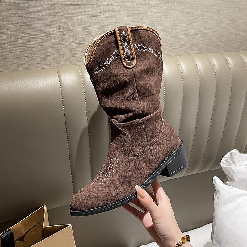 New Embroidered Western Cowboy Boots for Women Autumn Pointed Toe Thick Heel High Knee Boots Woman Loose Leather Long Boots