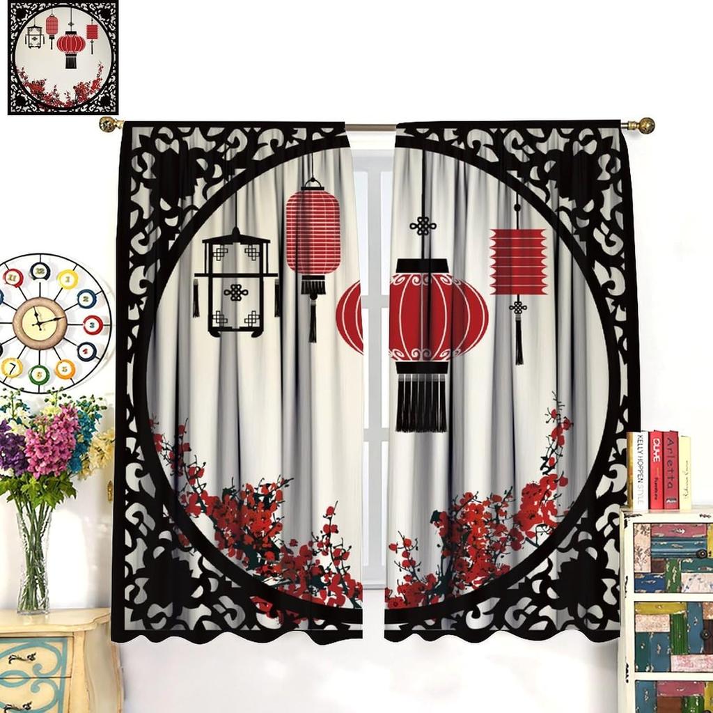 Asian Curtains   Vintage Red Plum Blossom Cherry Blossom Chinese Traditional Court Lanterns Window Treatments Drapes for Girls Li