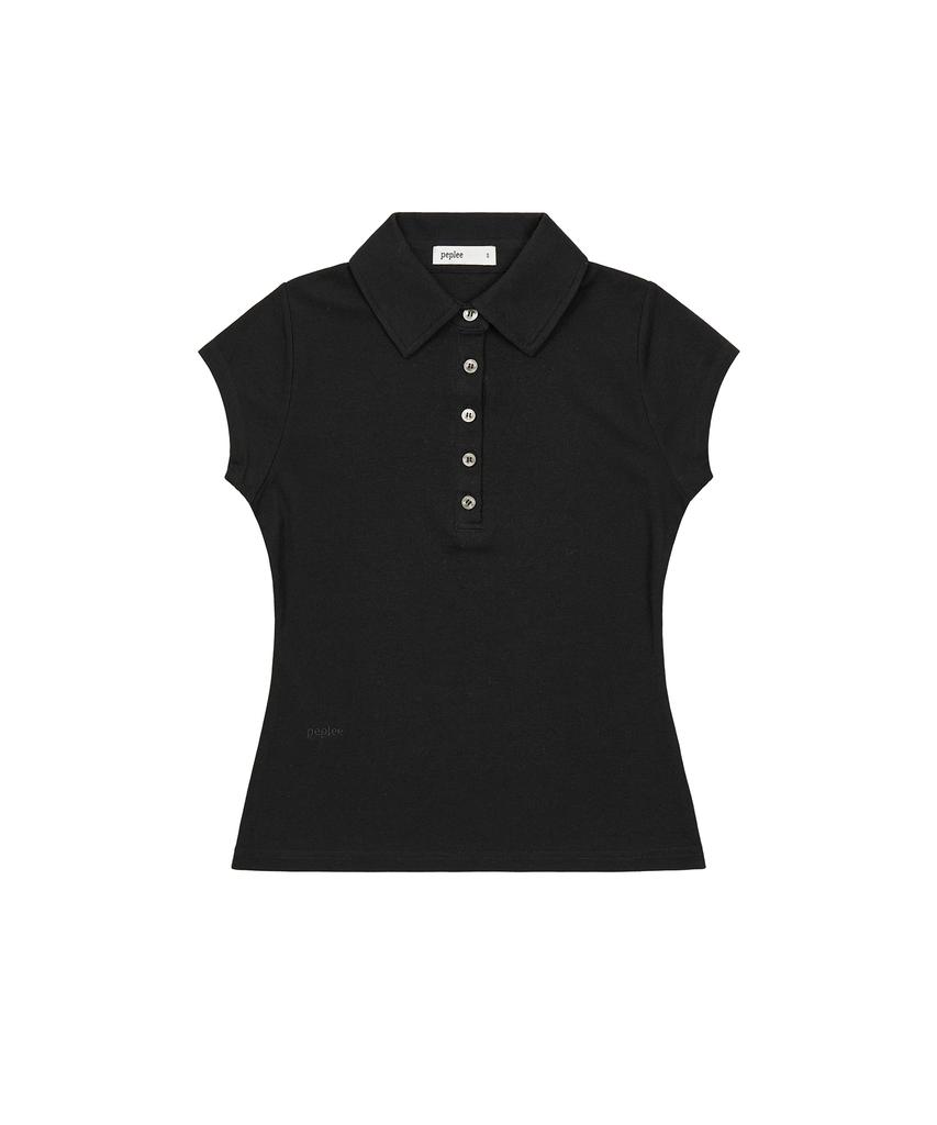 Pepeulli Button Cap Sleeve Collar Tee (Black)