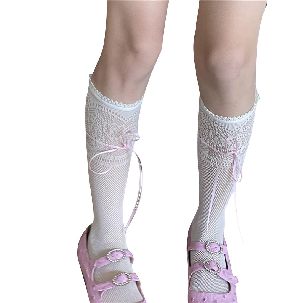 Japanese Style Sweet Hollow-Out Floral Lace Over Calf Long Socks Student Girls Cute Bowknot Frilly Stockings for Women