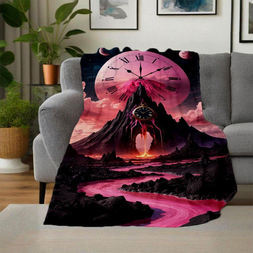 "Timeless Elegance: Large Roman Numeral Wall Clock - Surreal Landscape Design"Blanket Flannel Throw Blanket for Sofa, Bed, Travel, Camping, Office