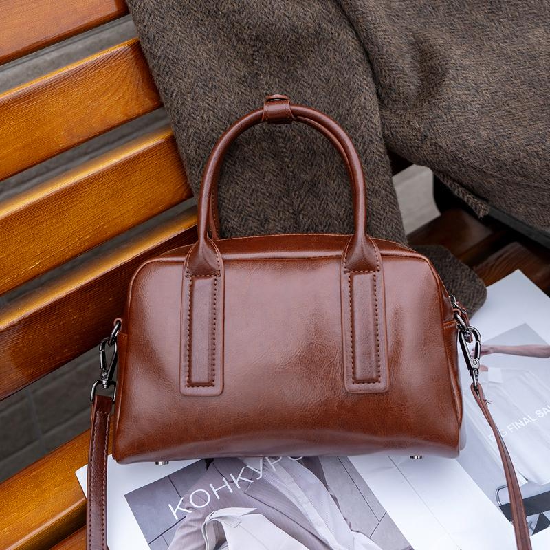 NEW Women's Chic Genuine Leather Bowling Bag Luxury Designer Handbag Soft Waxed Cowhide Ladies Crossbody shoulder Bag