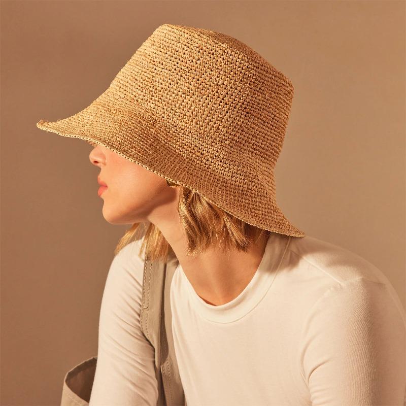 Sommer Natürliche Raffia Sonnenhüte für Damen Handgefertigt Gewebte Sonnenschutz Eimerhüte Breiter Rand Fischerhüte Faltbar Seaside Strandhut