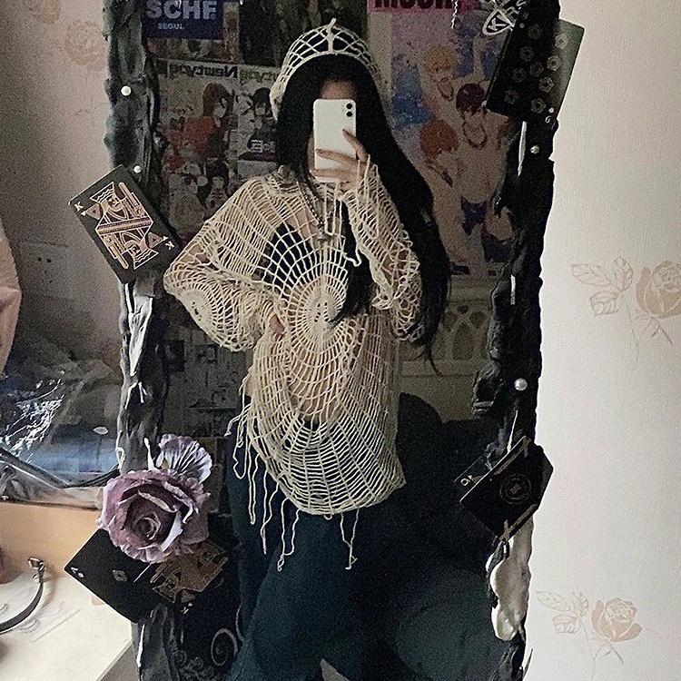 Y2k Clothes Vintage Spider Web Hollow-Out Hole Design Spice Girl Hooded Pullover Knit Top Sweater Women Korean Fashion Long Sleeve