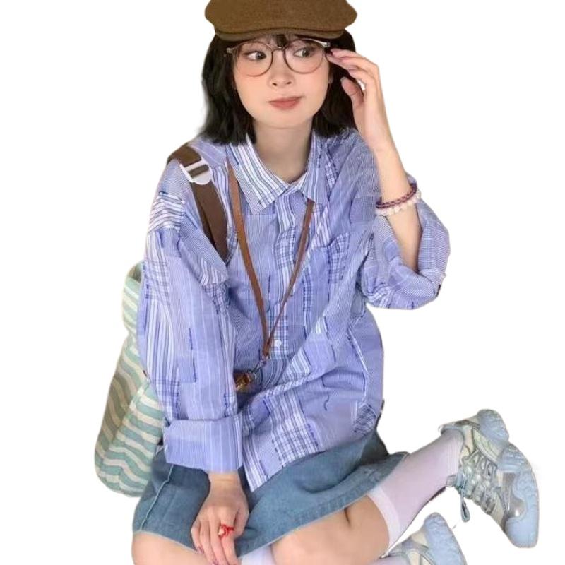 Blue Plaid Shirt for Women Loose College Style Long Sleeved Blouses Japanese Turn-down Collar Female's Versatile Shirts