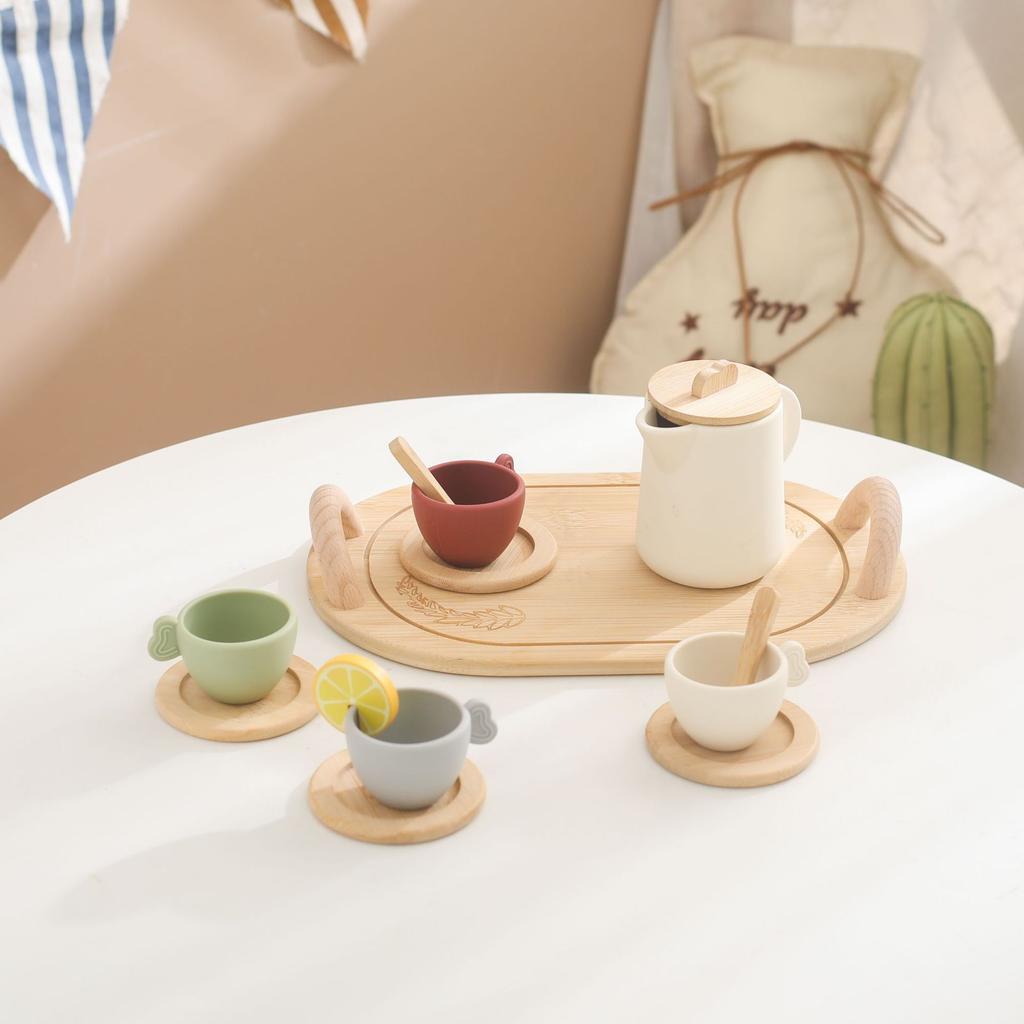 Baby Rollenspiel Nachmittagstee Spielzeug, Silikon-Teekanne mit Holz-Untersetzer, Lernspielzeug für Kinder im Alter von 3-6 Jahren