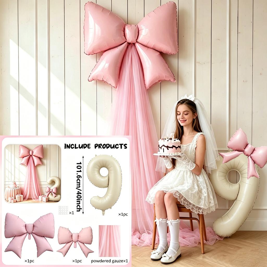 5-teiliges DIY-Schleifen-Geburtstags-Hintergrunddekorations-Ballonset Enthält 40 Zoll Cremeweiße Zahlen-Folienballons 0-9 Hellrosa Schleifen-Ballons mit