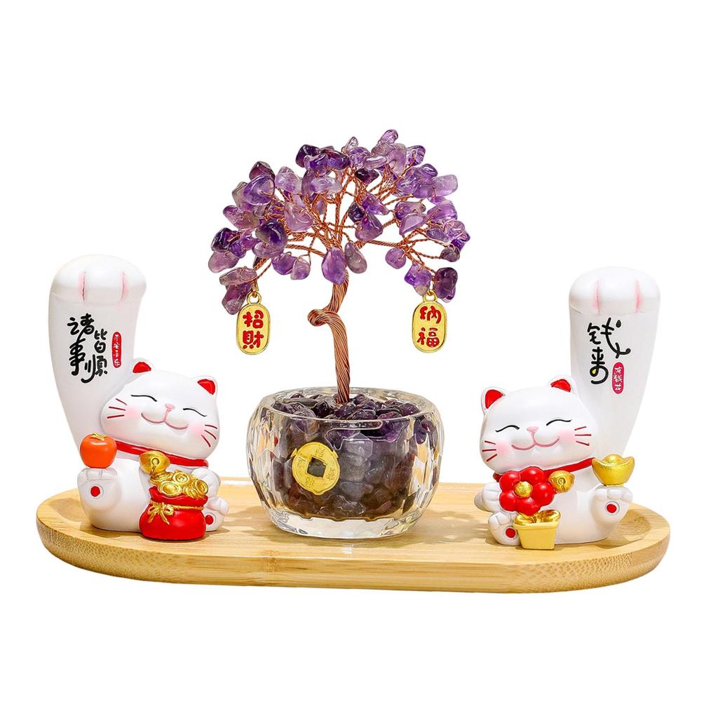 Resin Wood Cat Sculpture Feng Shui Lucky Cat Money Tree Ornament for TV Cabinet Birthday Gift