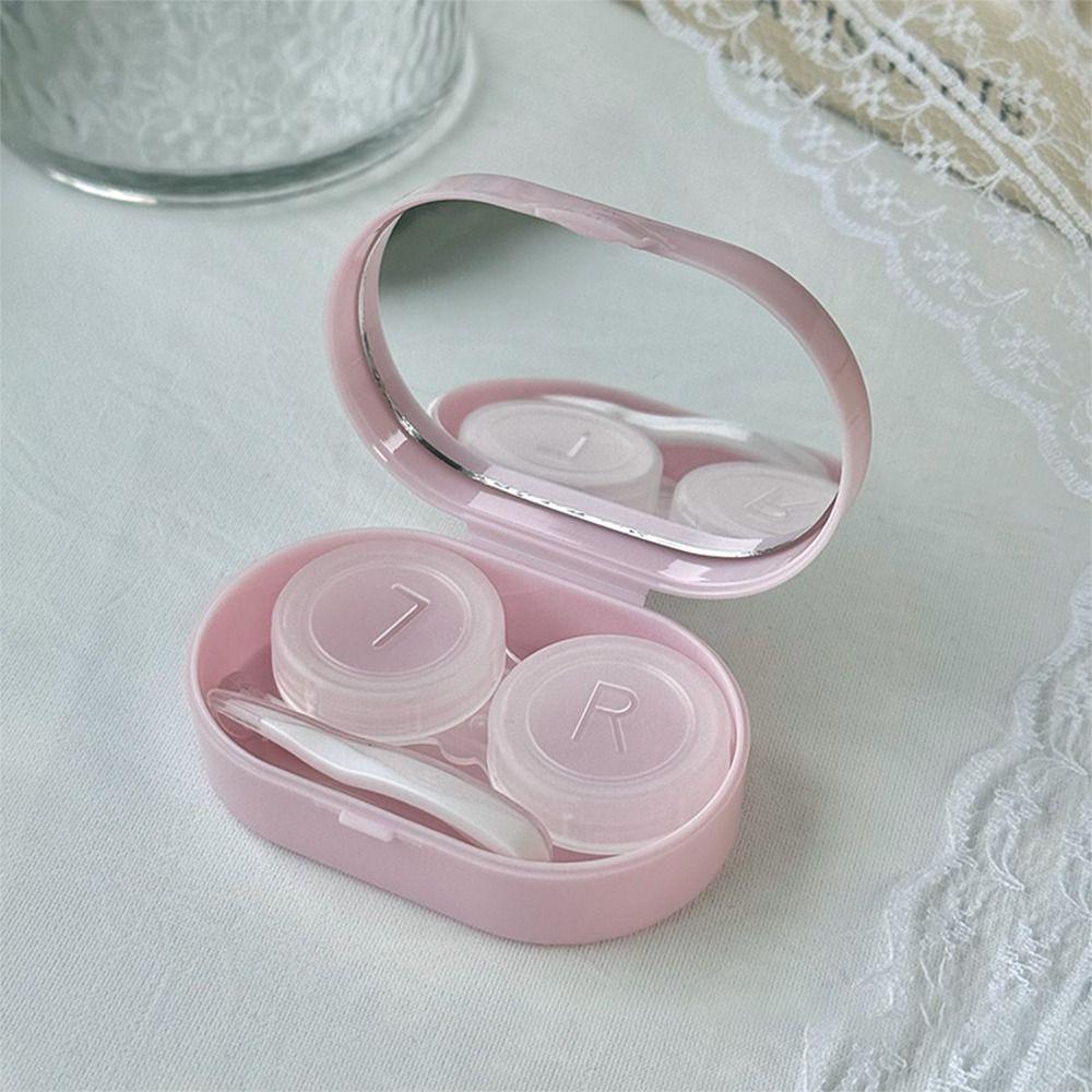 With Mirror Eye Care Kit Creamy Color Storage Box Portable Contact Lens Case  For Women