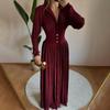 European Elegant Long-Sleeve Polo Collar Pleated Dress - Solid Color, New Style Fashion