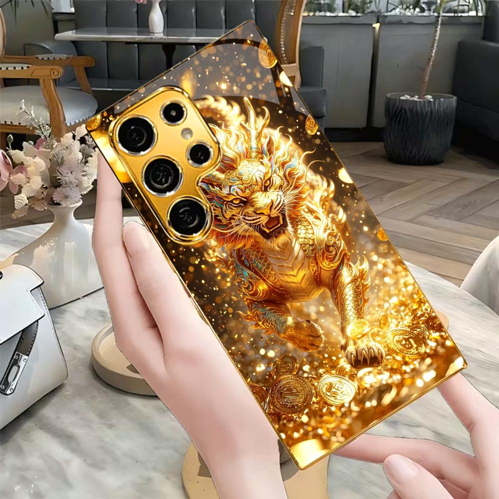 Goldener Qilin mit Münzaufdruck Handyhülle Glas s26 ultra Hülle Mobiltelefone für Samsung Galaxy S26 S25 S24 S23 S22 FE Ultra Plus
