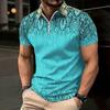 Women Short Sleeve Polo Shirt Dark Blue Teal Spiral Dot Circle Print Half Zip Lapel Top