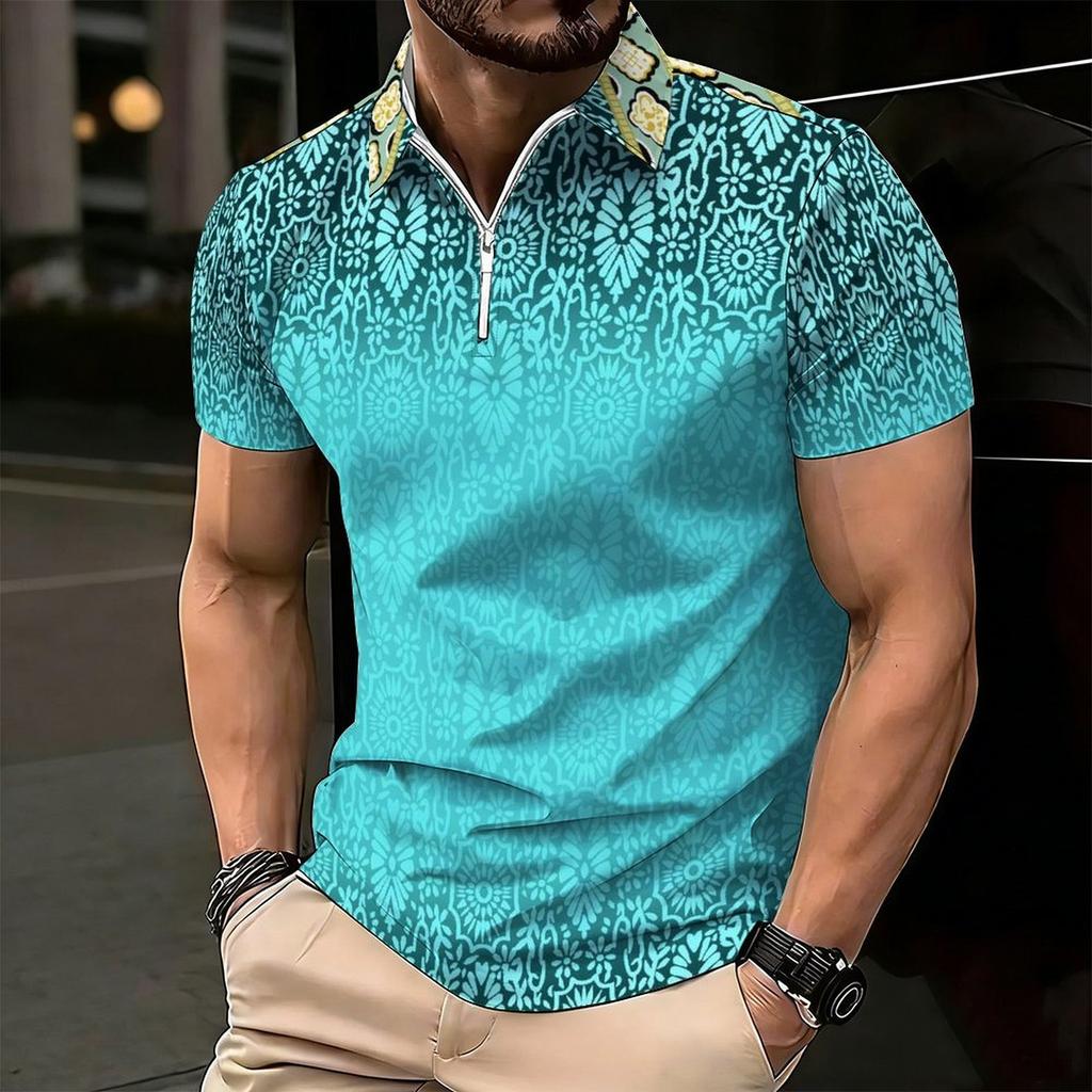 Women Short Sleeve Polo Shirt Dark Blue Teal Spiral Dot Circle Print Half Zip Lapel Top