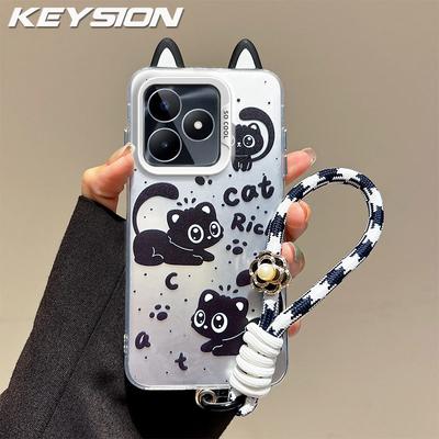 KEYSION Realme C53 C51 için Kordonlu Sevimli Kulak Çizgi Film Kılıfı, OPPO Realme Note 50 için Darbeye Dayanıklı Yumuşak Silikon+PC Telefon Kılıfı