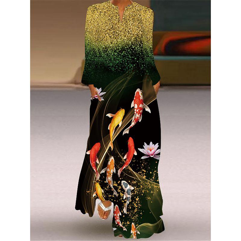 Chinese Style Dress Fancy Carp Pattern Print Long Sleeve Dress Travel Photography Stage Show Performance Costume