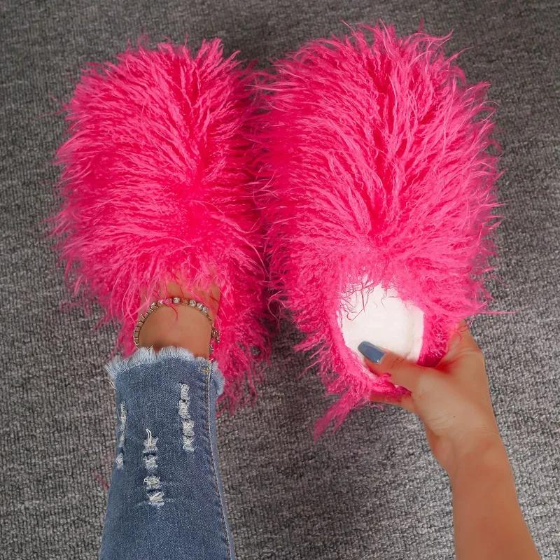 Fashion Womens Shoes New Spring Autumn Fashion Cosplay Luxury Fluffy Faux Fur Flat with Slip-on Basic Casual Soild Round Toe Slippers