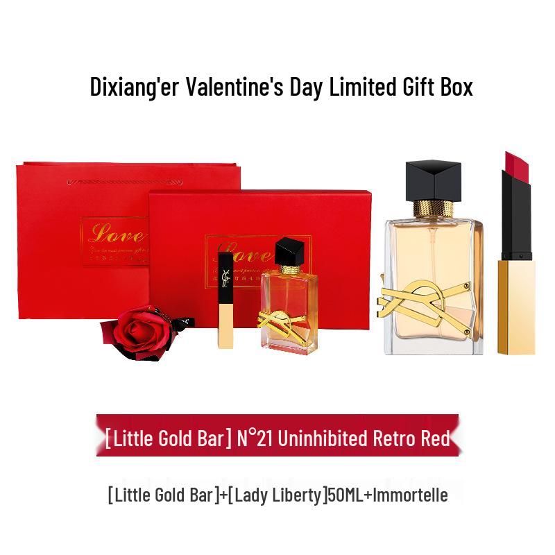 Qixi Valentine's Perfume & Lipstick Set: Rose, Black Opium, Libre - Gift for Girlfriend or Bestie