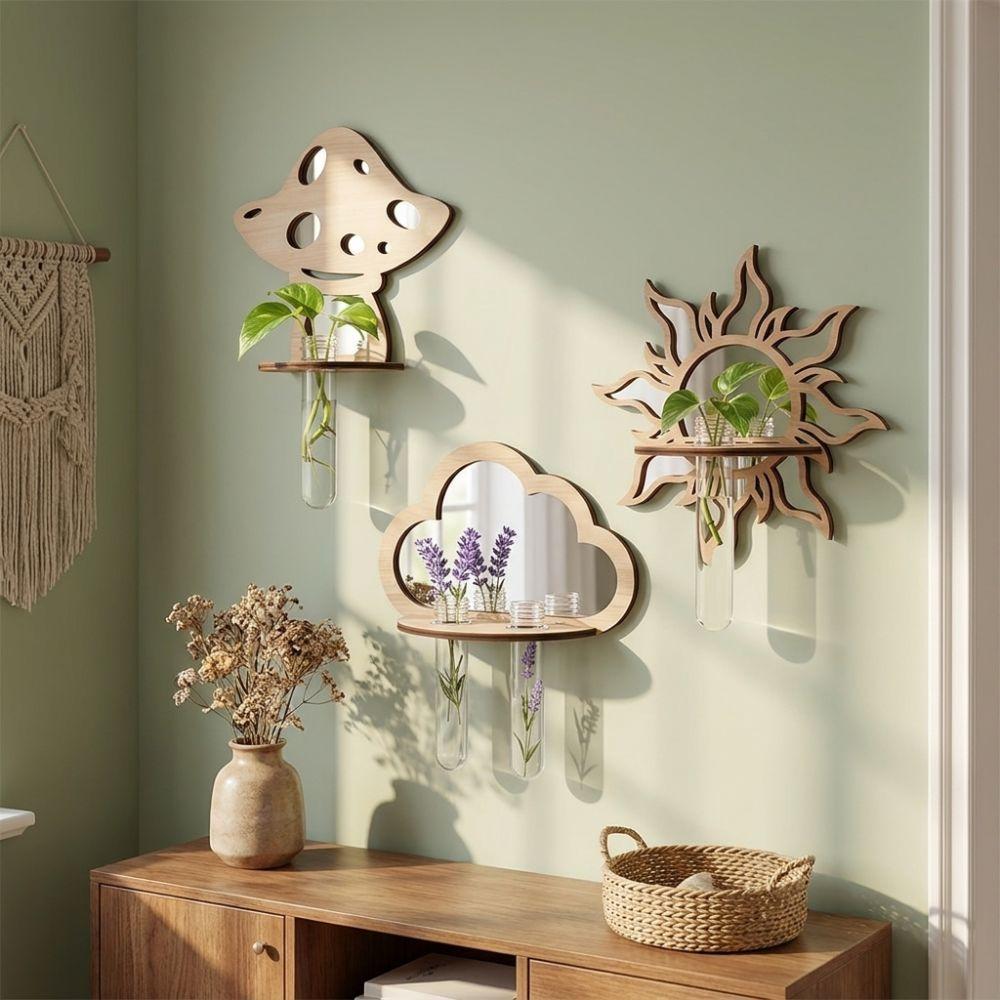 Mushroom House Wood Wall Mount Flower Shelf Mirror Hanging Plant Panel Balcony Decor