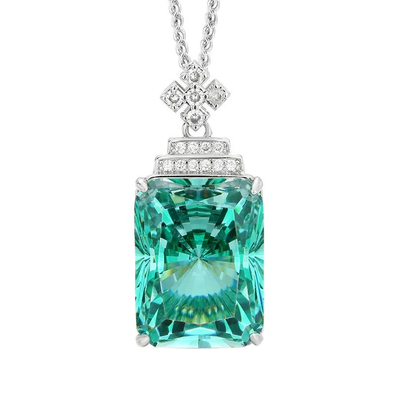 Vintage Paraiba Like Teal Green Stone Pendant Necklace Emerald Cut Rectangle Cubic Zirconia Statement Jewelry with Cross Accent