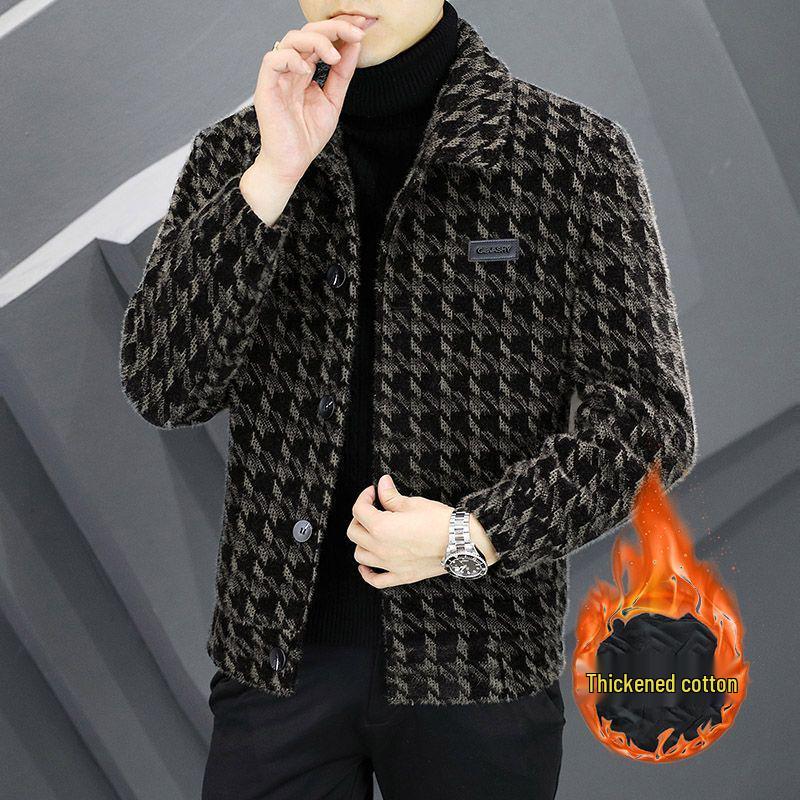 2025 Autumn/Winter Men's Trendy Fleece-Lined Plaid Wool Jacket