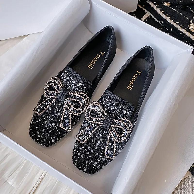 Fashion Flat Shoes for Women Autumn New Bow-knot Pearls Women Shoes Flats Retro Light Slip On Casual Loafers Zapatillas Mujer
