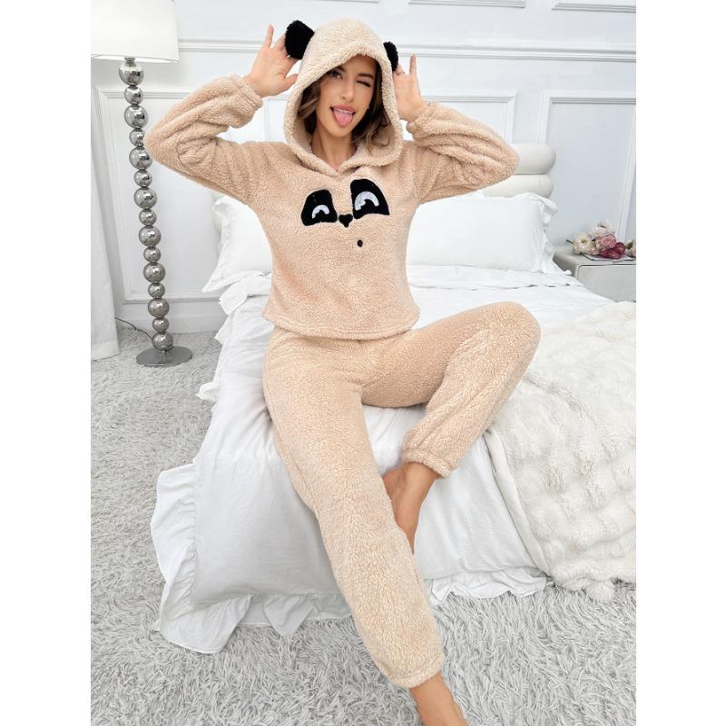 Beige Bear Women Pajamas Sets Autumn Winter Long Sleeves Long Pants Hooded Sleepwear Flannel Pijamas Cute Pyjamas Soft Pjs Comfy