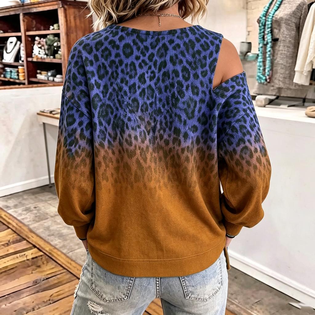 Women's Leopard Print Off Shoulder V Neck Long Sleeve Oversized Sweatshirt