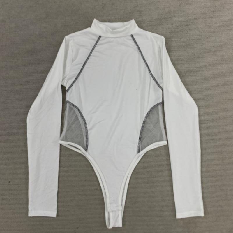 European and American Autumn and Winter Fashion Sexy Slim Fit Simple Street Mesh Semi High Neck Long Sleeved Jumpsuit