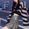 Gothic Ladies Sweater Crew Neck Long Sleeve Striped Cropped Knit Sweater Y2K Sexy Top Off-the-shoulder Zipper Design New Fashion