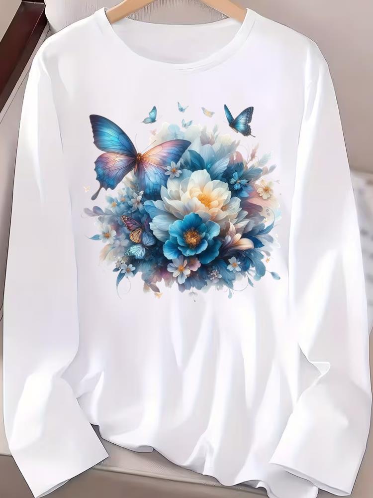 (Asian Size) Love Flower Style Casual Clothing Graphic Tee Women Autumn Winter Spring Fashion Top O-neck Print T Shirt Long Sleeve T-shirts