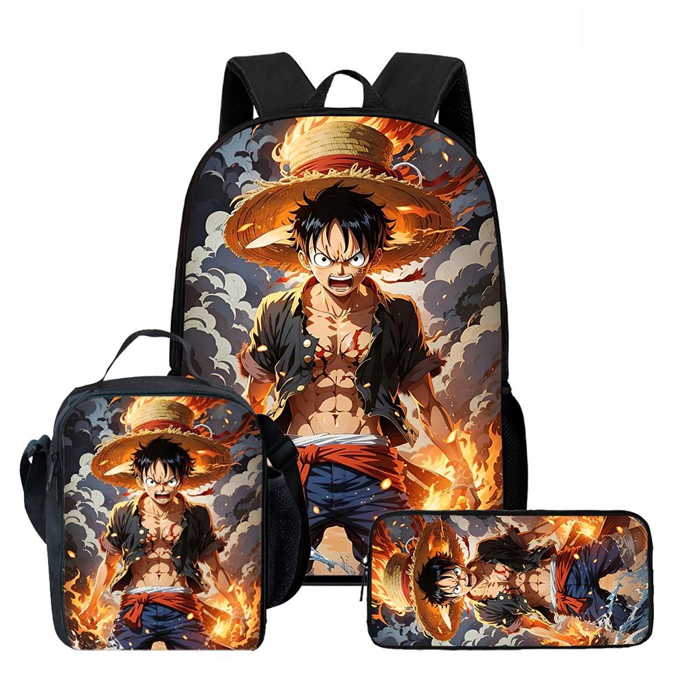 One Piece 3-In-1 Cartoon Lightweight Adjustable School Backpack with Lunch Bag& Pencil Case for Children Age 6-10 Primary School