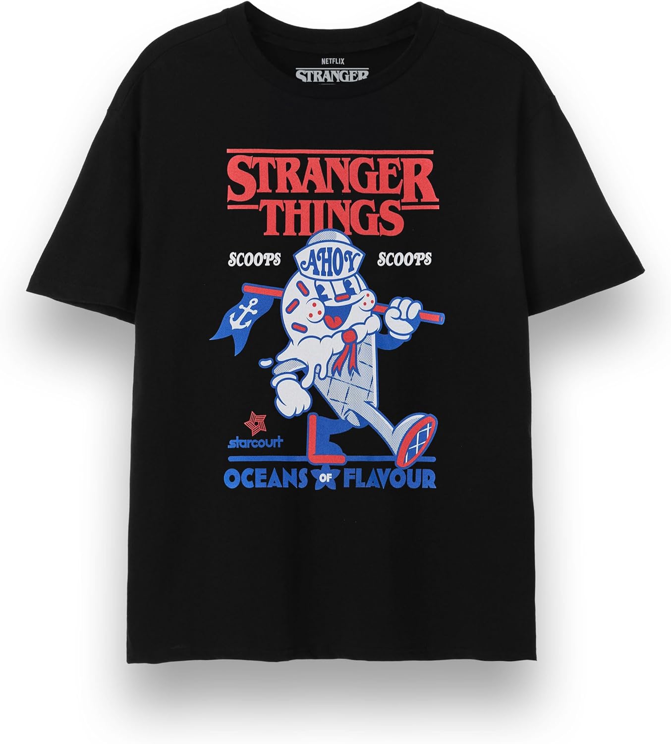 Stranger Things Unisex T-Shirt | Adults Scoops Ahoy Short Sleeve Black Graphic Tee | Ice Cream Starcourt |Netflix Merchandise Unisex T-Shirt XXXXL