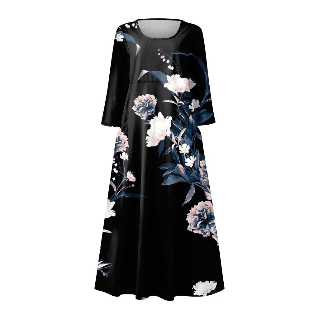 Dámské neformální pohodlné bavlněné kapsové šaty s tříčtvrtečním rukávem s květinovým potiskem