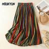 New Japanese Mori Girl Women Midi Skirt High Waist Colorful Striped Jupe Femme Longo Elegant Vintage Cotton Linen Skirts Womens