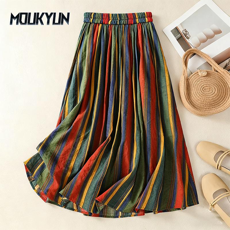 New Japanese Mori Girl Women Midi Skirt High Waist Colorful Striped Jupe Femme Longo Elegant Vintage Cotton Linen Skirts Womens