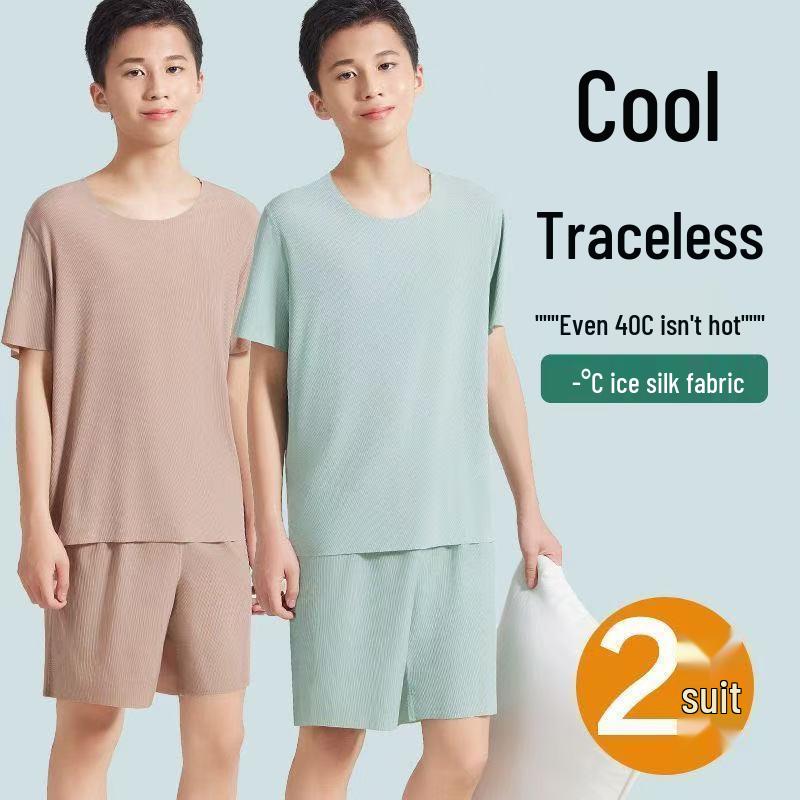 Men s Summer Ice Silk Pajamas - 2026 New Bare Feel Short Sleeve Home Wear Set for Teens 5XL
