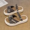 Bow one-word drag versatile new pearl fairy Internet celebrity style summer women thick-soled cool slippers shoes 2025 outer wear