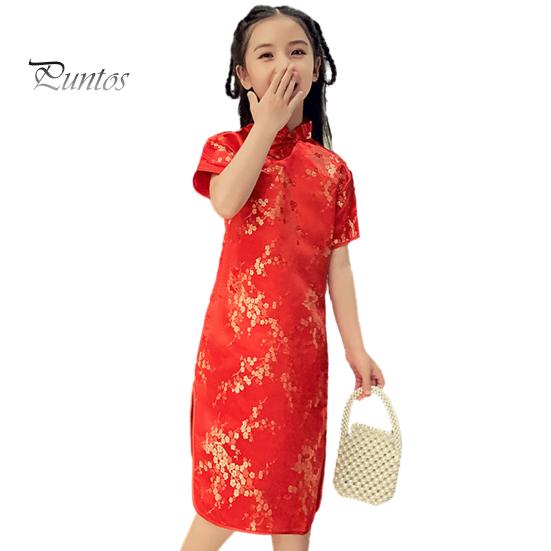 

Платье Cheongsam для девочек, маленькое зимнее платье с цветочным рисунком и короткими рукавами, воротник-стойка на молнии, винтажное детское длинное платье миди Ципао в китайском стиле на Новый год, принцесса 130 cm красный