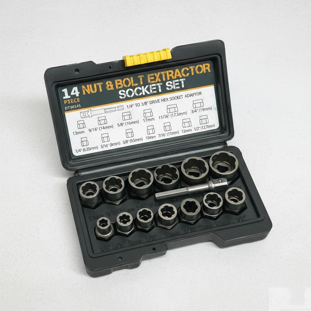 

Impact Bolt Nut Remover Set 14PCS Steel Extractor Tools Storage Case 13Pcs Bolt Extractor Kit 3/8 Inch Adapter