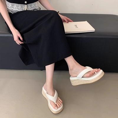 Thick-bottomed Slope Heel Pinch Foot Cool Slippers Women's Fashion Outer Wear 2025 Summer New Hemp Rope Heightening Small Flip-flops