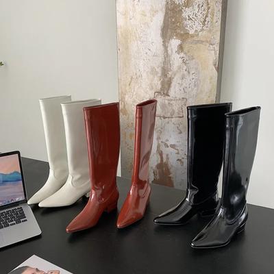 Fashion High Boots For Women Fashion Patent Leather Pointed Toe Long Boots Female Elegant Low Heel Women's Footwear 2024
